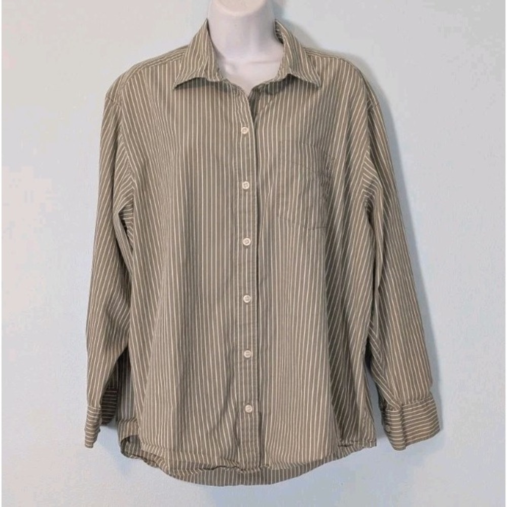 GAP Big Shirt Women's Medium Button Up Olive Green Pinstripe Cotton Preppy